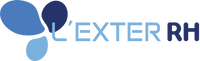 Logo de L’EXTER RH avec des feuilles stylisées bleues et le texte "L’EXTER RH" en bleu foncé.