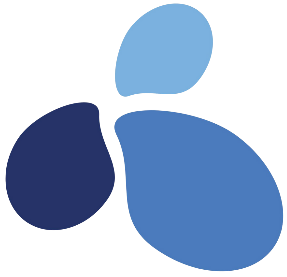 Icône graphique de L’EXTER RH composée de trois formes organiques bleu clair, bleu moyen et bleu foncé.