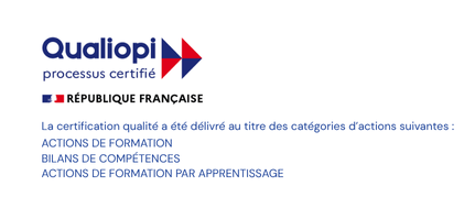 Logo officiel Qualiopi avec mention « processus certifié » sous l’égide de la République Française, indiquant les catégories d’actions certifiées.