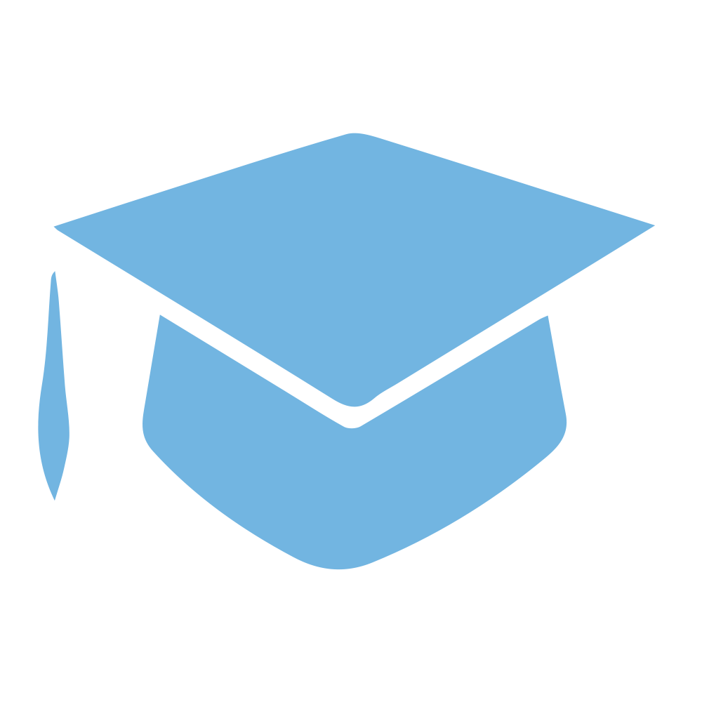 Icône bleue représentant une toge de diplômé, symbole de formation ou de certification.
